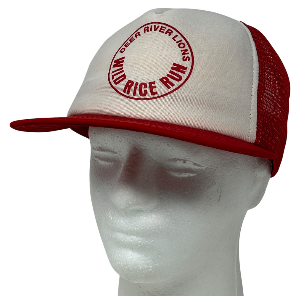 Vintage Deer River Lions Club Wild Rice Run Trucker Hat Cap Red 80s Snapback USA